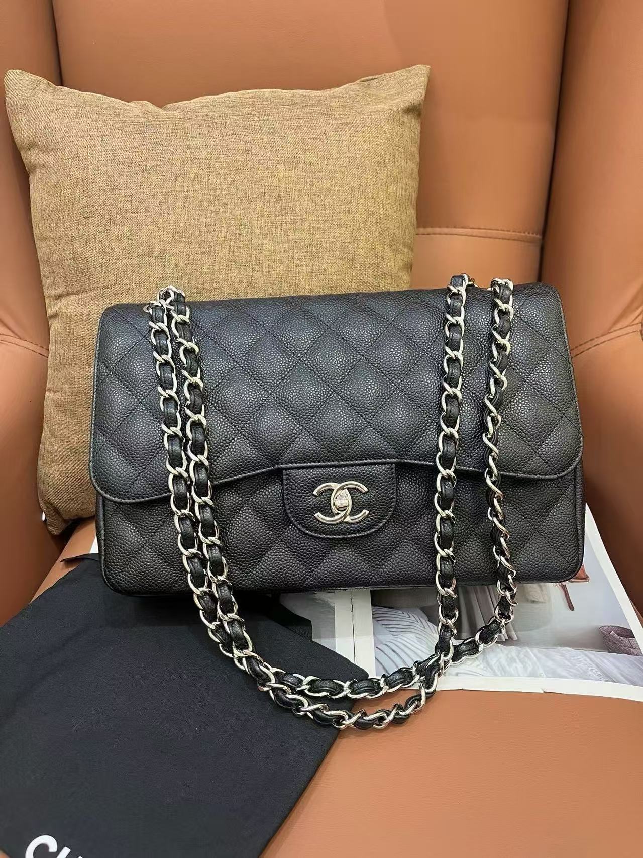 Chanel Classic Flap Jumbo Black Caviar Leather with Silver Hardware 26 Series No Card
