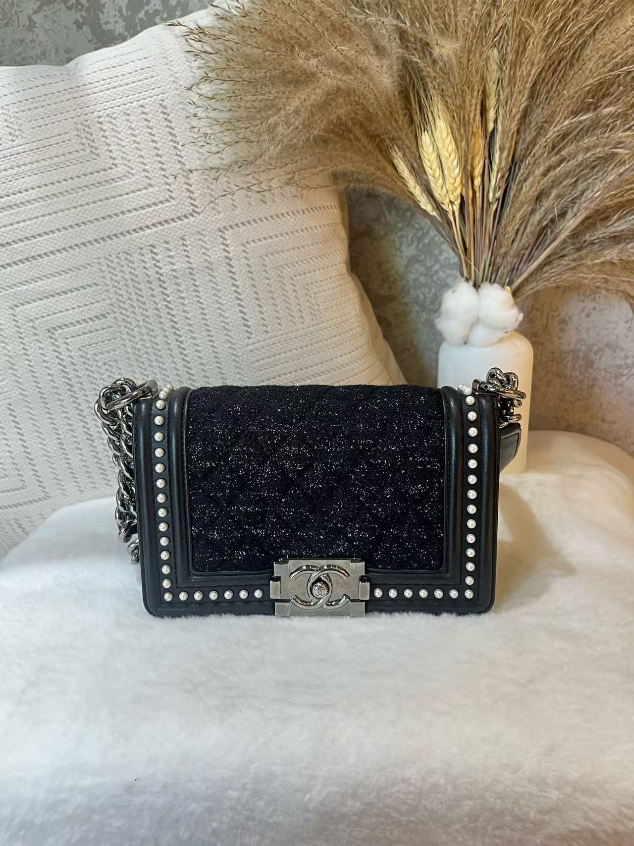 Chanel Le Boy Small Black & Silver Pearl Tweed Limited Edition Bag
