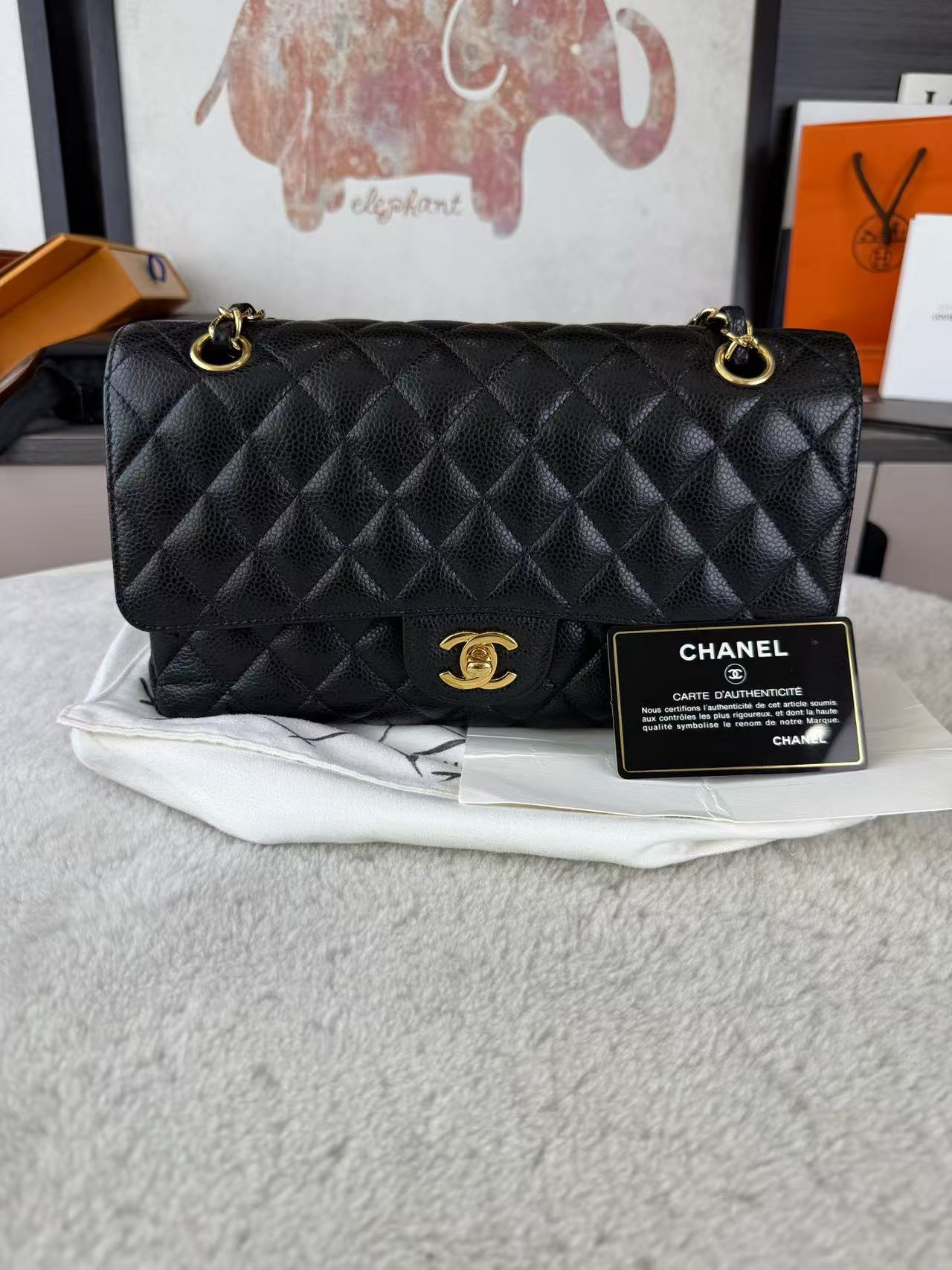 Chanel Classic Flap CF Medium Black Caviar Leather with Gold Hardware 27 Series