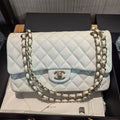 Chanel Classic Flap CF Medium White with Silver Hardware Caviar Leather 28 Series Like New