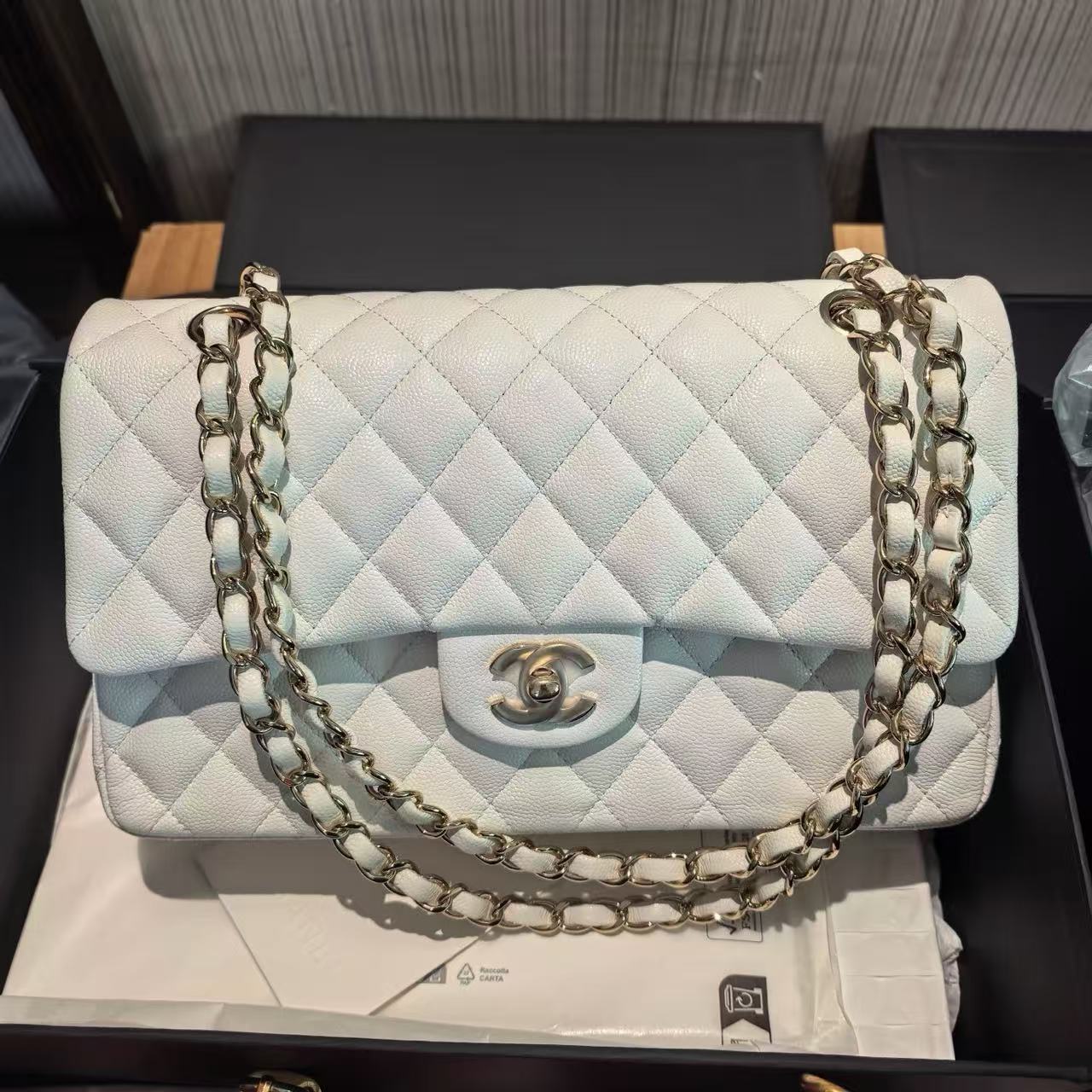 Chanel Classic Flap CF Medium White with Silver Hardware Caviar Leather 28 Series Like New