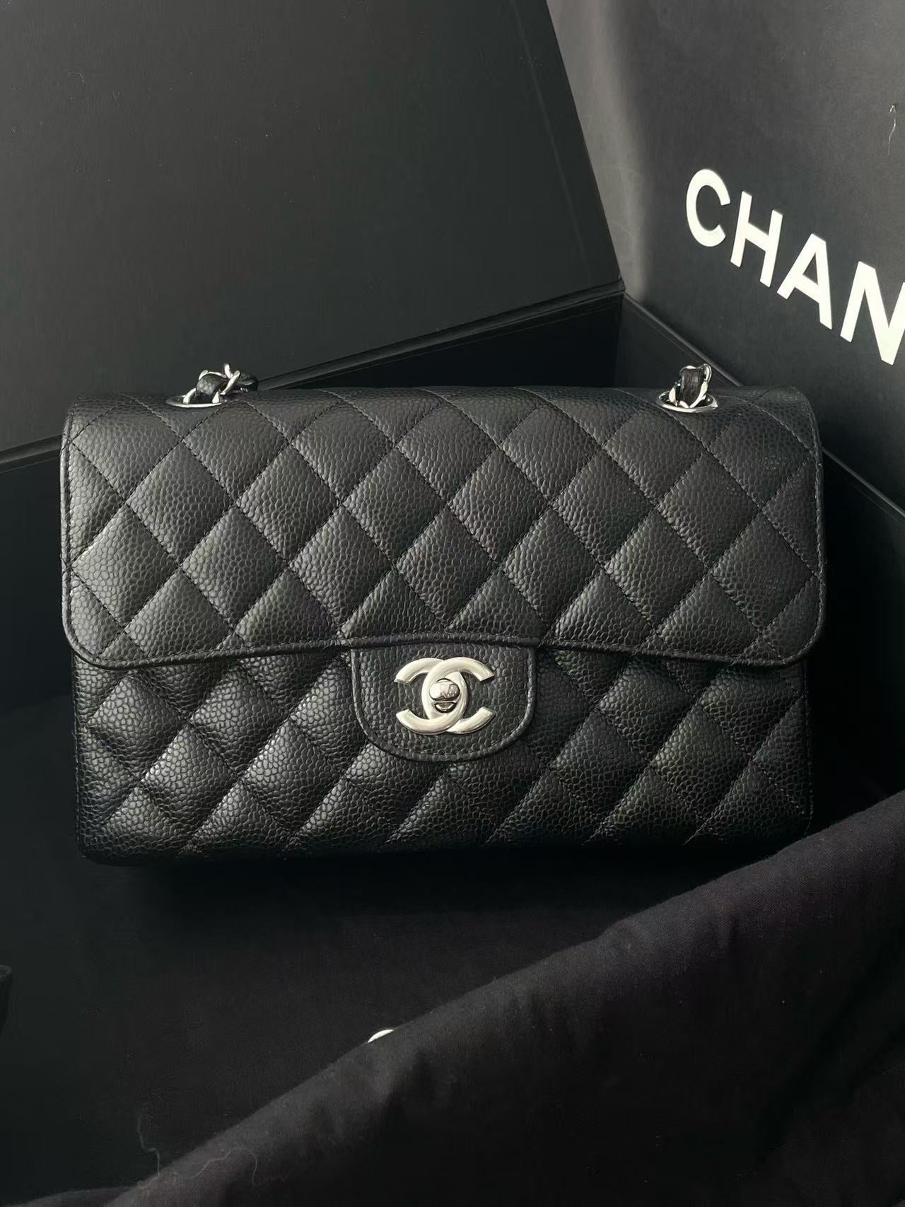 Chanel Classic Flap CF Small Black Caviar Leather with Silver Hardware Chip Version 2025 Brand New