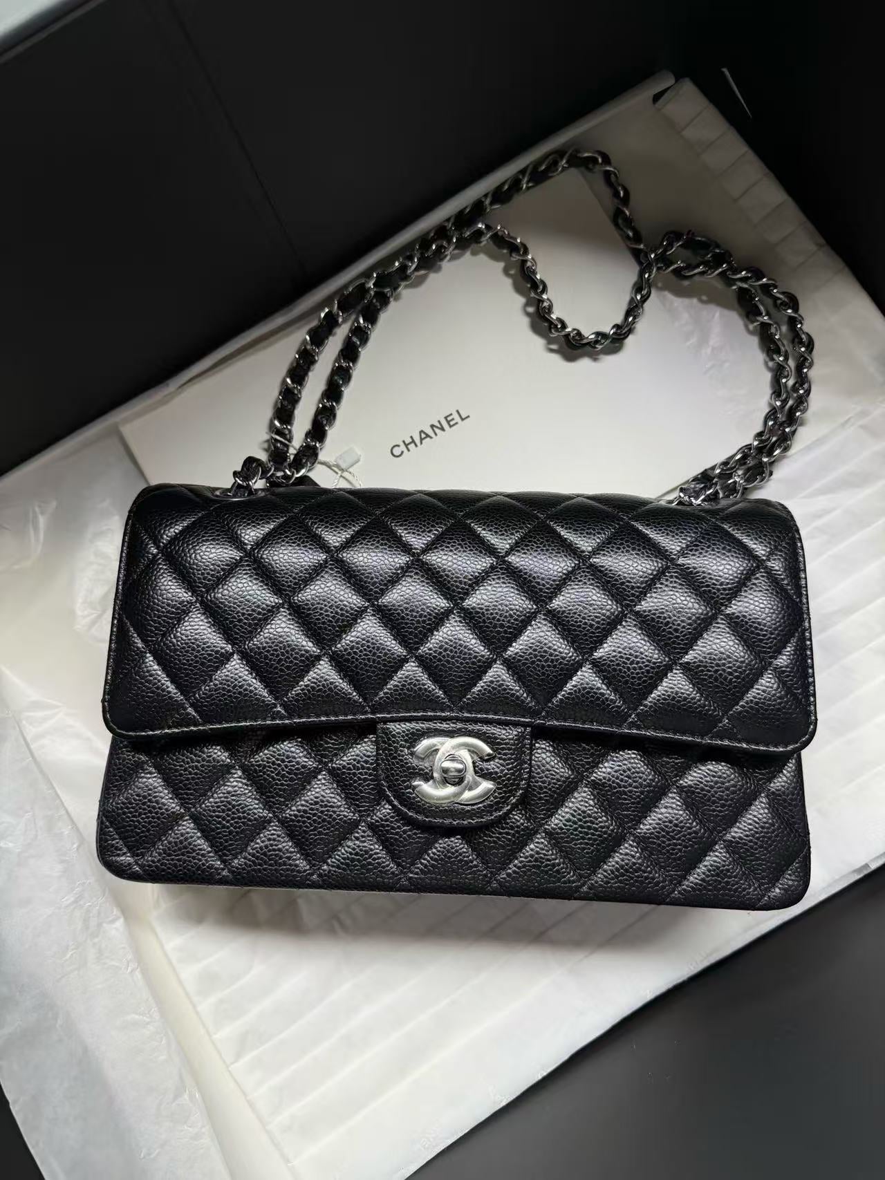 Chanel Classic Flap CF Medium Black Caviar Leather with Silver Hardware 2023 Receipt Brand New