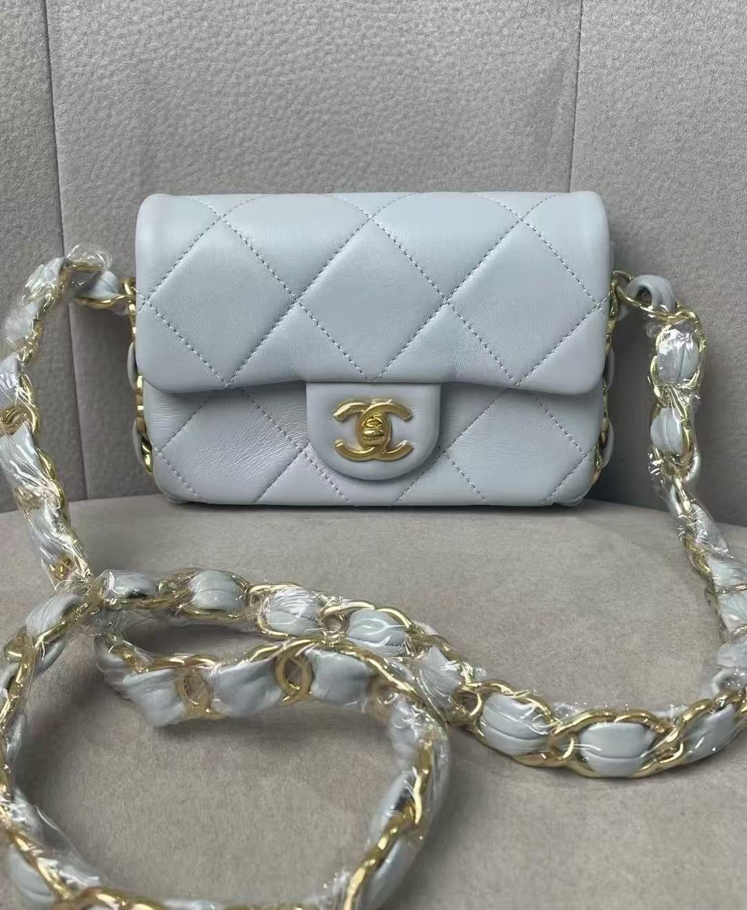 Chanel 24K Light Blue Classic Flap CF Large Mini with Chunky Chain