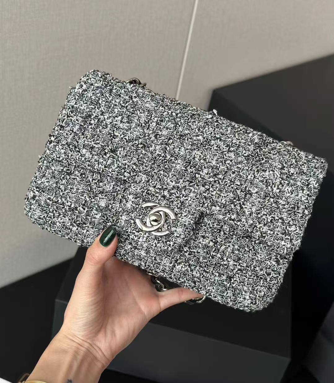 Chanel Classic Flap CF Medium 24P Black & White Tweed Woven Chain Bag