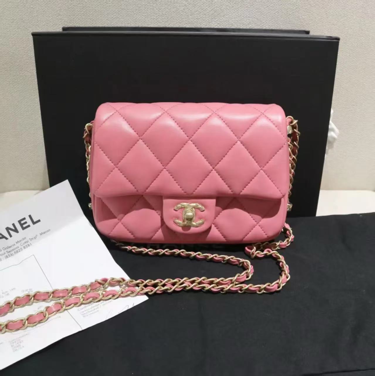 Chanel Classic Flap CF 23B Lipstick Pink Lambskin Square Mini Flap Bag