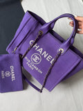 Chanel 24S Purple Canvas Tweed Beach Tote Shopping Bag Small Chip Version Size 35×39×17cm