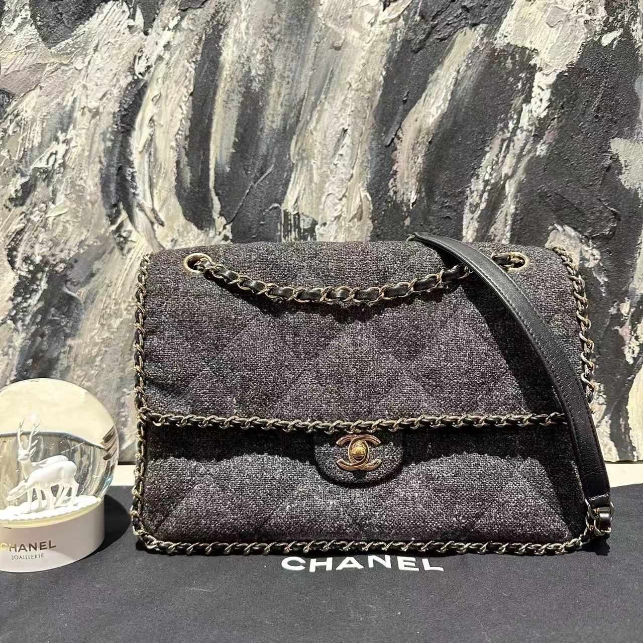 Chanel Classic Flap CF Chain Tweed Trim Airport Bag 28 Series No Card