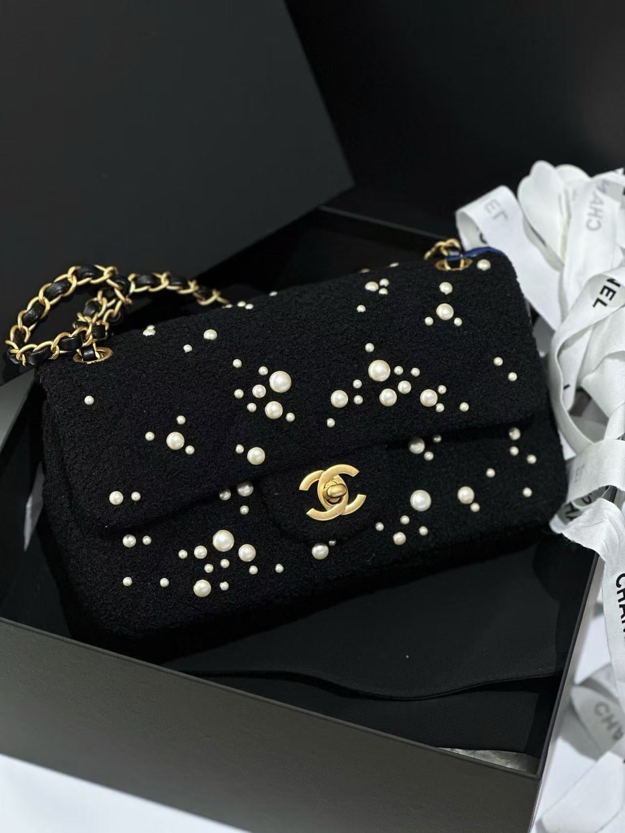 Chanel 22B Black Pearl Tweed Classic Flap CF Large Mini Bag