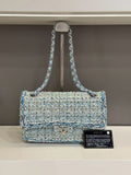Chanel Classic Flap CF Medium Ice Blue Tweed Woven with Silver Hardware 27 Series