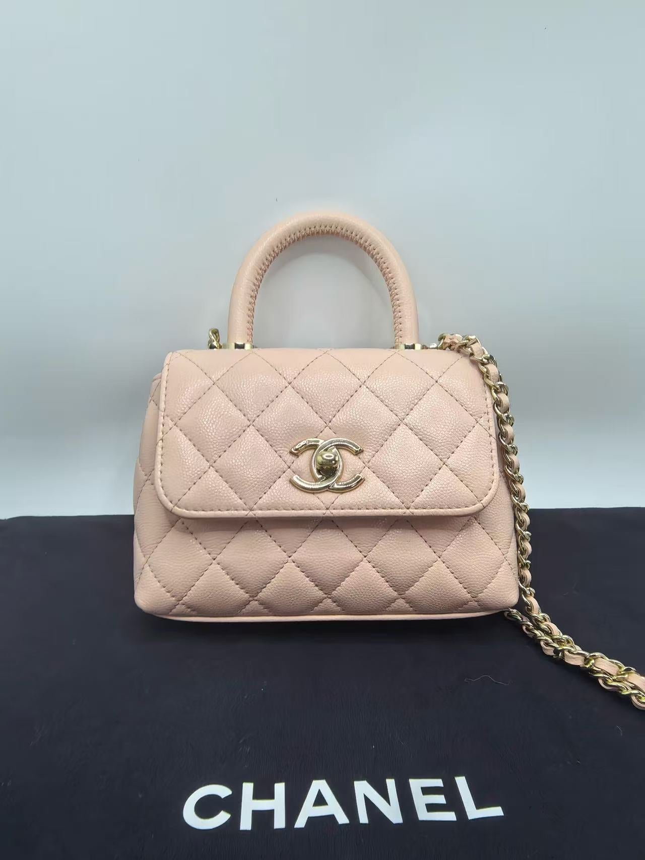 Chanel 26P Sakura Pink Coco Handle Nano Shoulder Bag Caviar Leather with Light Gold Hardware