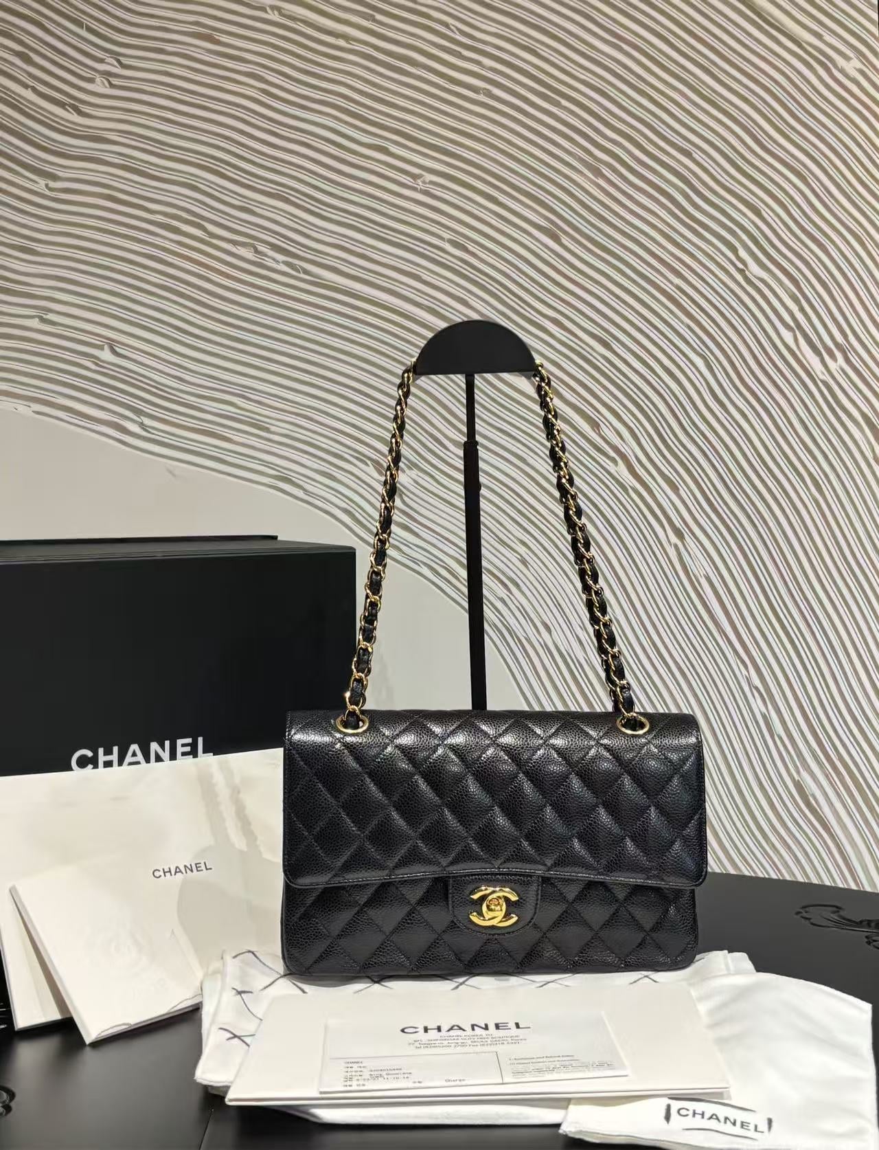 Chanel Classic Flap CF Medium Black Caviar Leather with Gold Hardware Chip Version 2021