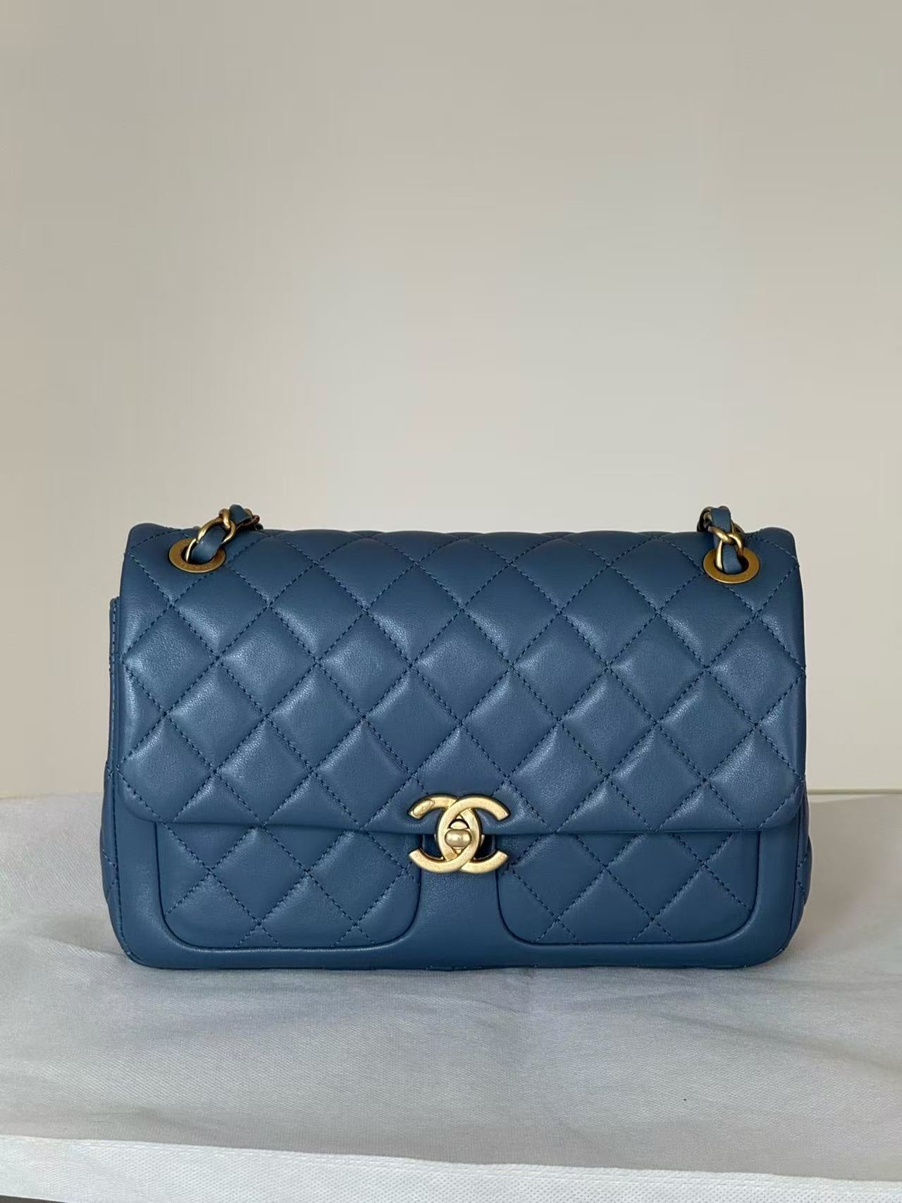 Chanel 23K Blue Chain Flap Bag with Gold Hardware Chip Version Size 23cm