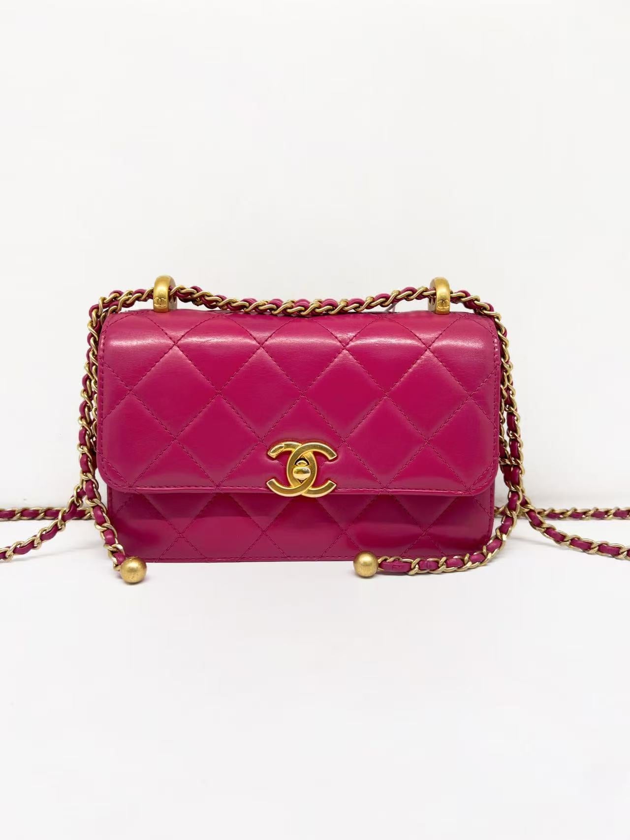 Chanel Small Raspberry Pink Double Pearl Bag with Gold Hardware Chip Version