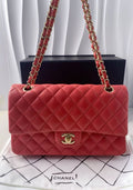 Chanel Classic Flap CF Medium Red Lambskin with Gold Hardware 25 Series Full Set Pre-Owned Size 25.5×6.5×15.5cm