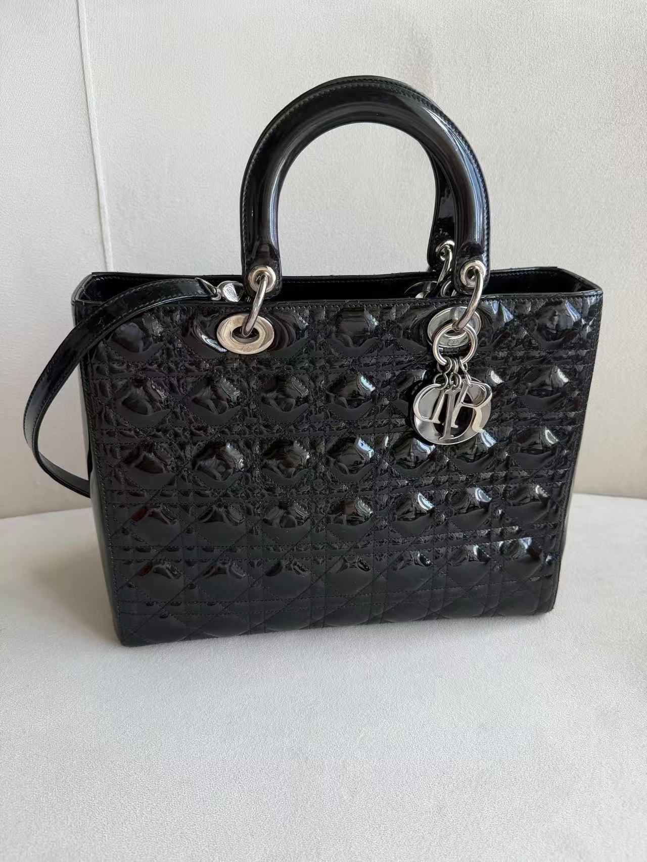 Dior Lady Dior Seven-Compartment Black Patent Leather Bag with Silver Hardware