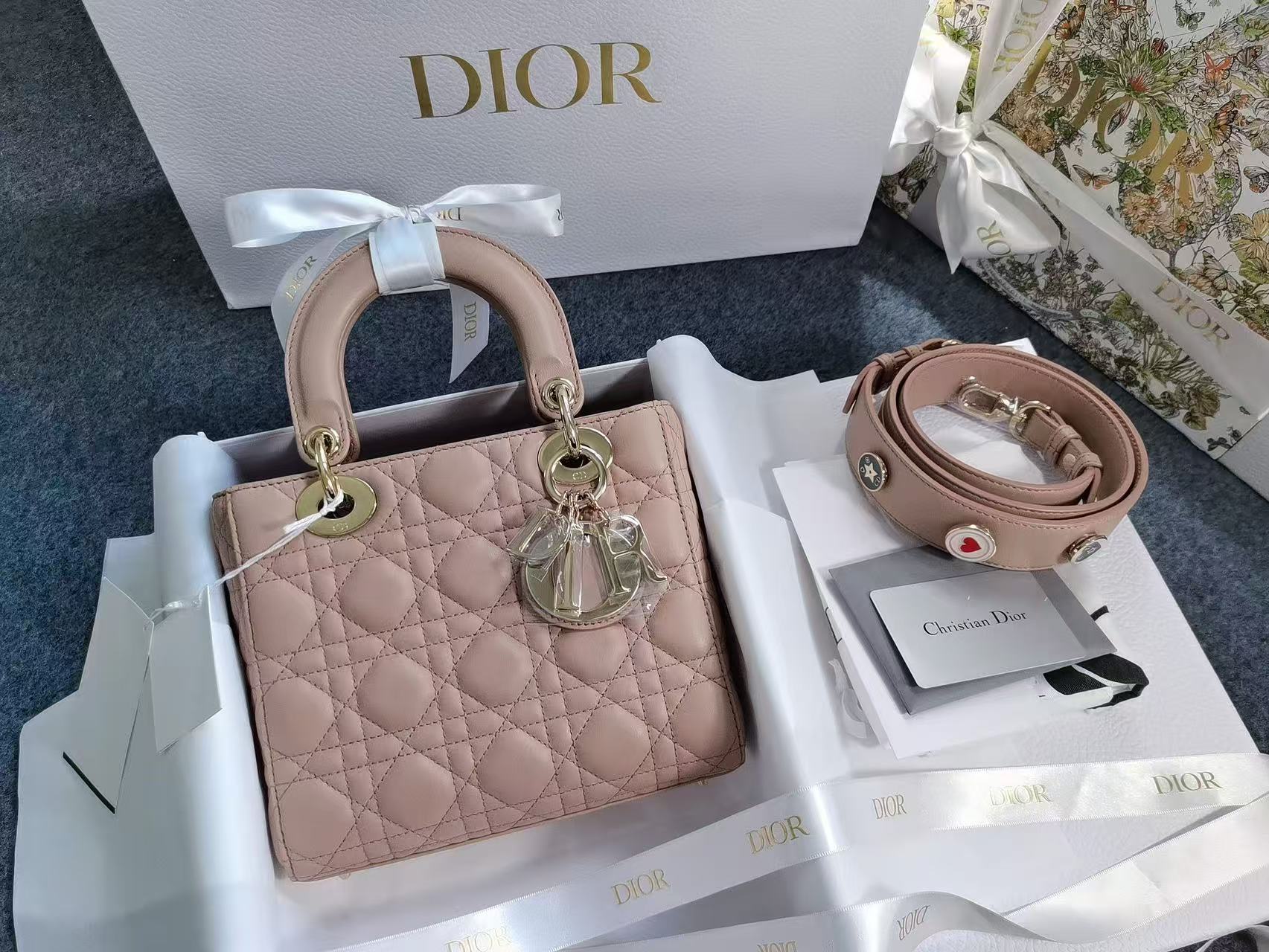 Dior Lady Dior Four-Compartment Nude Pink with Badge Strap Full Set Brand New