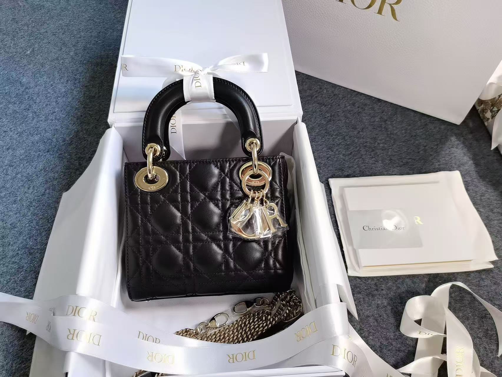Dior Lady Dior Three-Compartment Black with Gold Hardware Chain Strap New Barcode Card Full Set Brand New