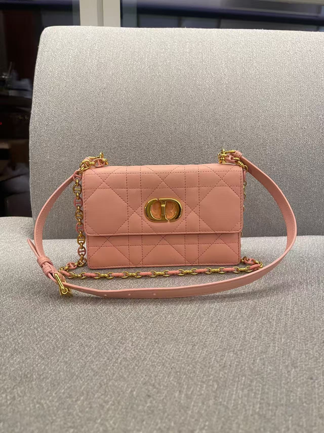 Dior Miss Caro Small Pink Lambskin with Gold Hardware Cannage Chain Bag 2023