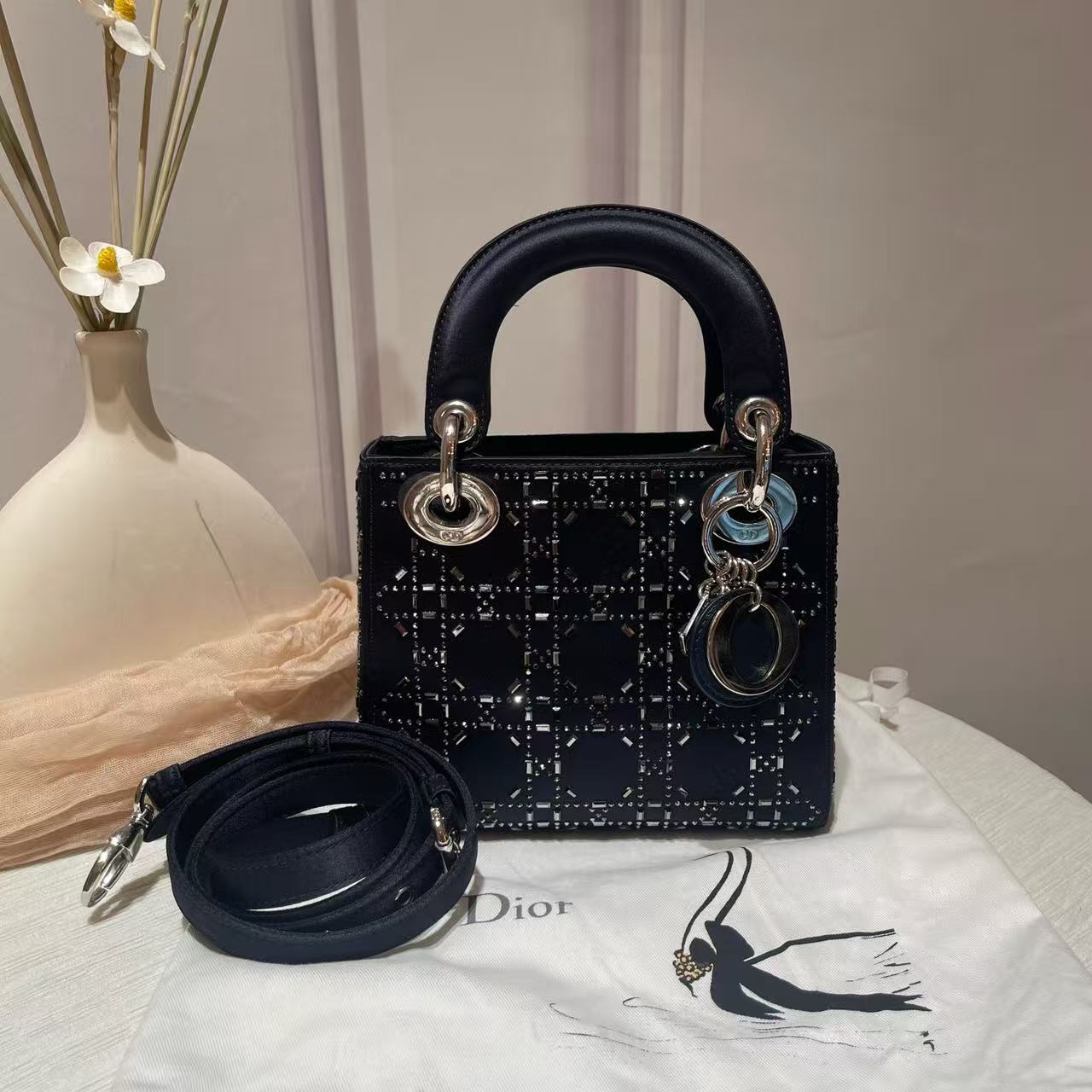 Dior Lady Dior Three-Compartment Navy Satin with Crystal Star Design Size 17×7×14cm