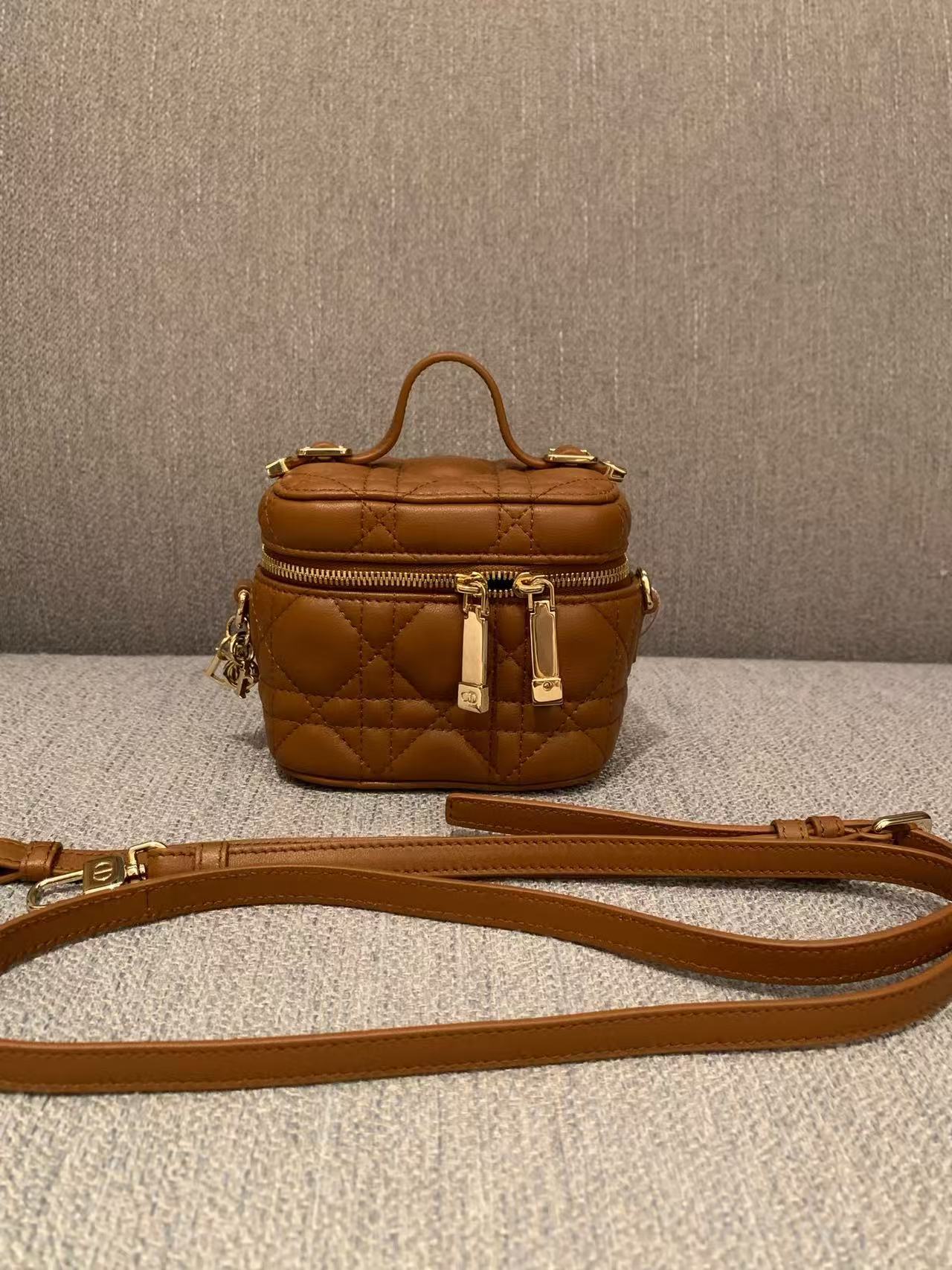 Dior Mini Cosmetic Case Gold Brown Lambskin Top Handle Crossbody Bag