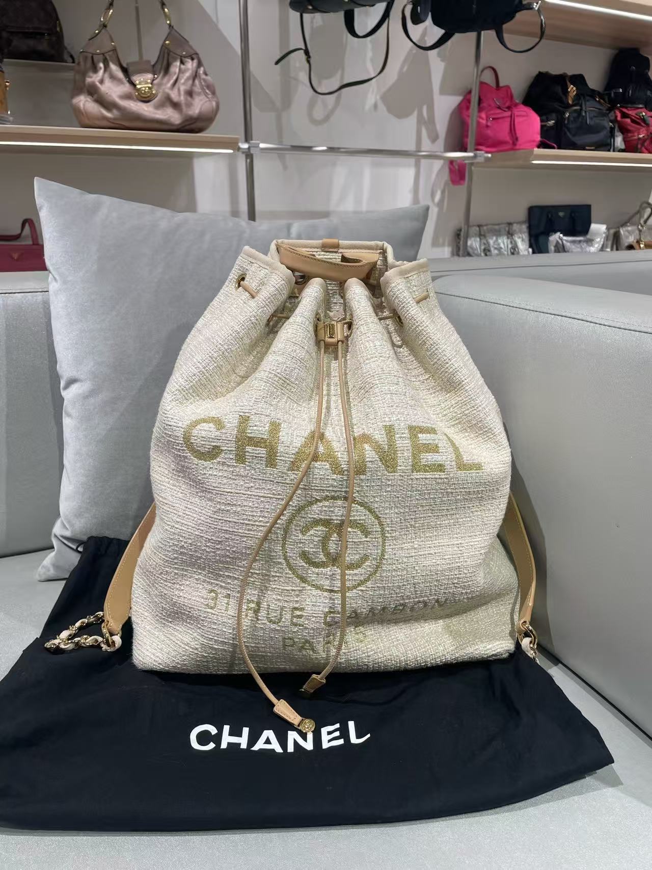 Chanel Beige Tweed Beach Bag Top Handle Backpack 2017 Size 33×39×15cm