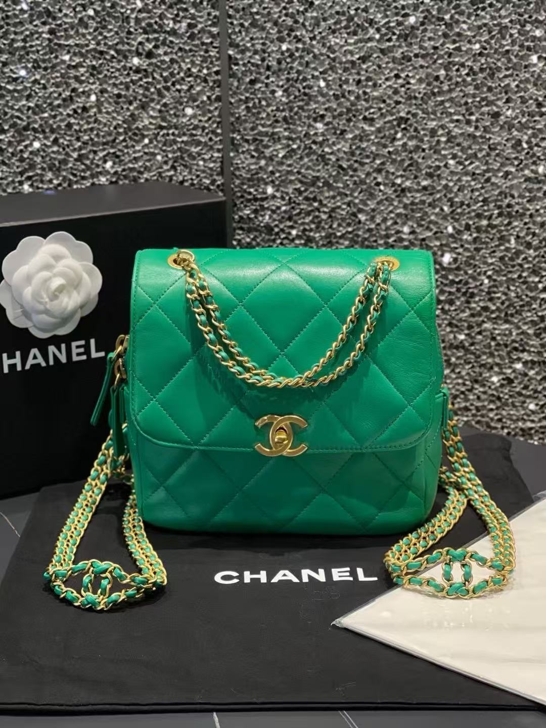Chanel 23A Aqua Green Ado Backpack Chain Top Handle Bag with Gold Hardware Size 20×7×28cm
