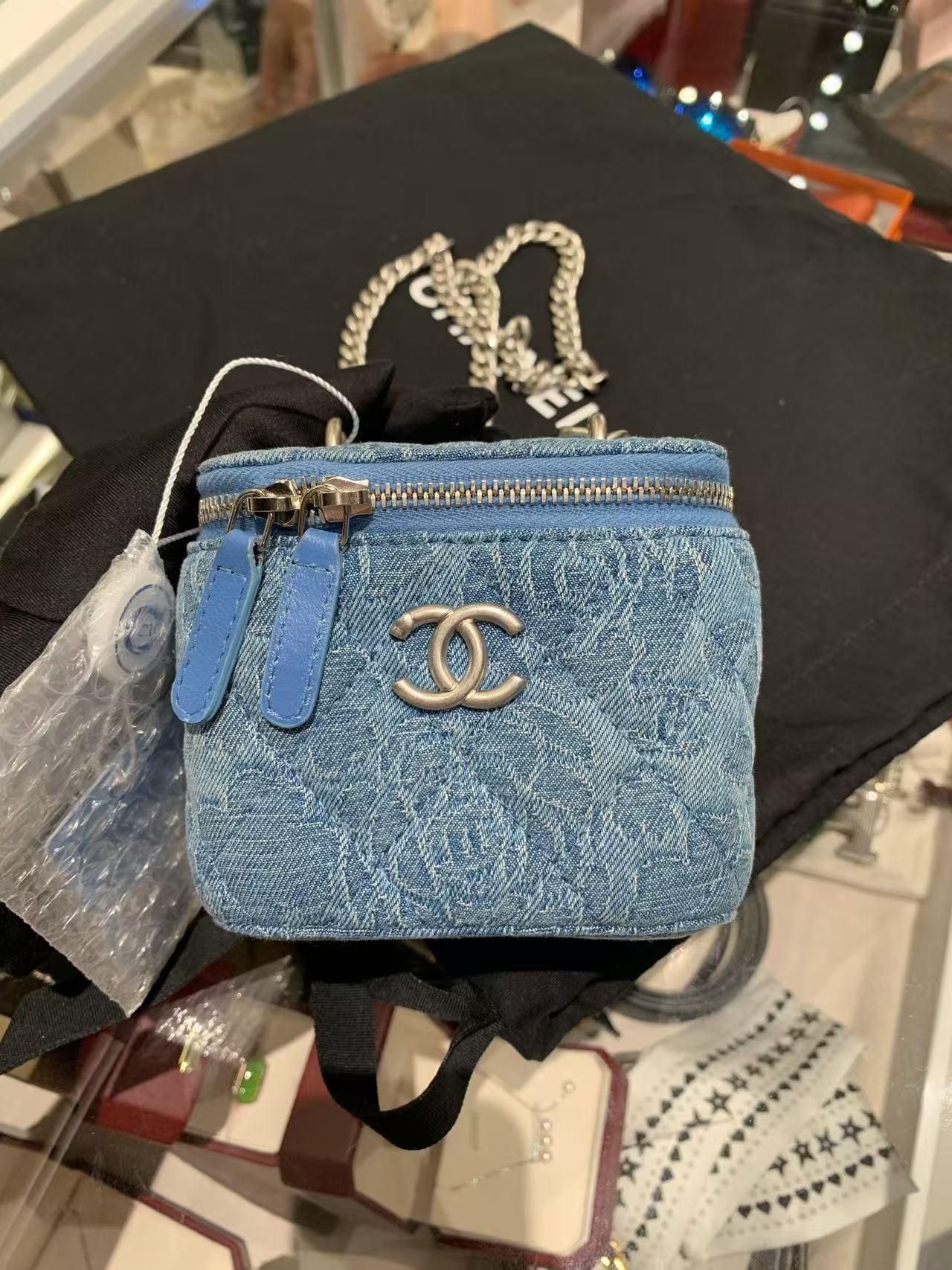 Chanel 23P Denim Camellia Small Box with Heart Gold Ball Clasp