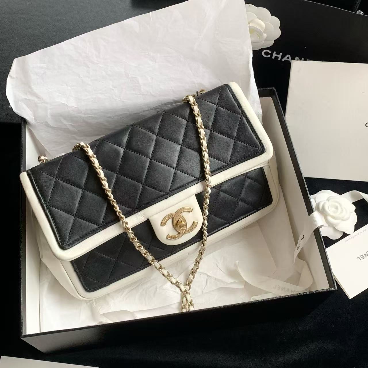 Chanel Classic Flap CF Panda Black & White with Gold Hardware Chain Bag 19 Series Size 26cm