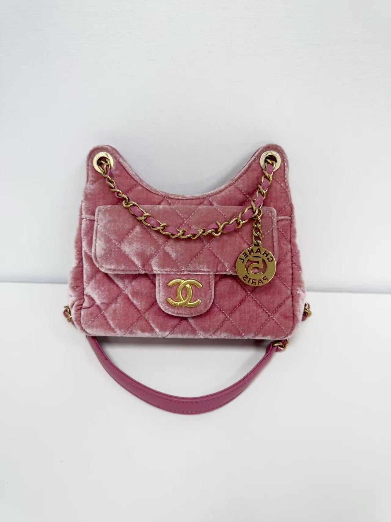 Chanel Hobo Tmall Genie Pink Velvet with Gold Hardware Chip Version Shoulder Crossbody Bag