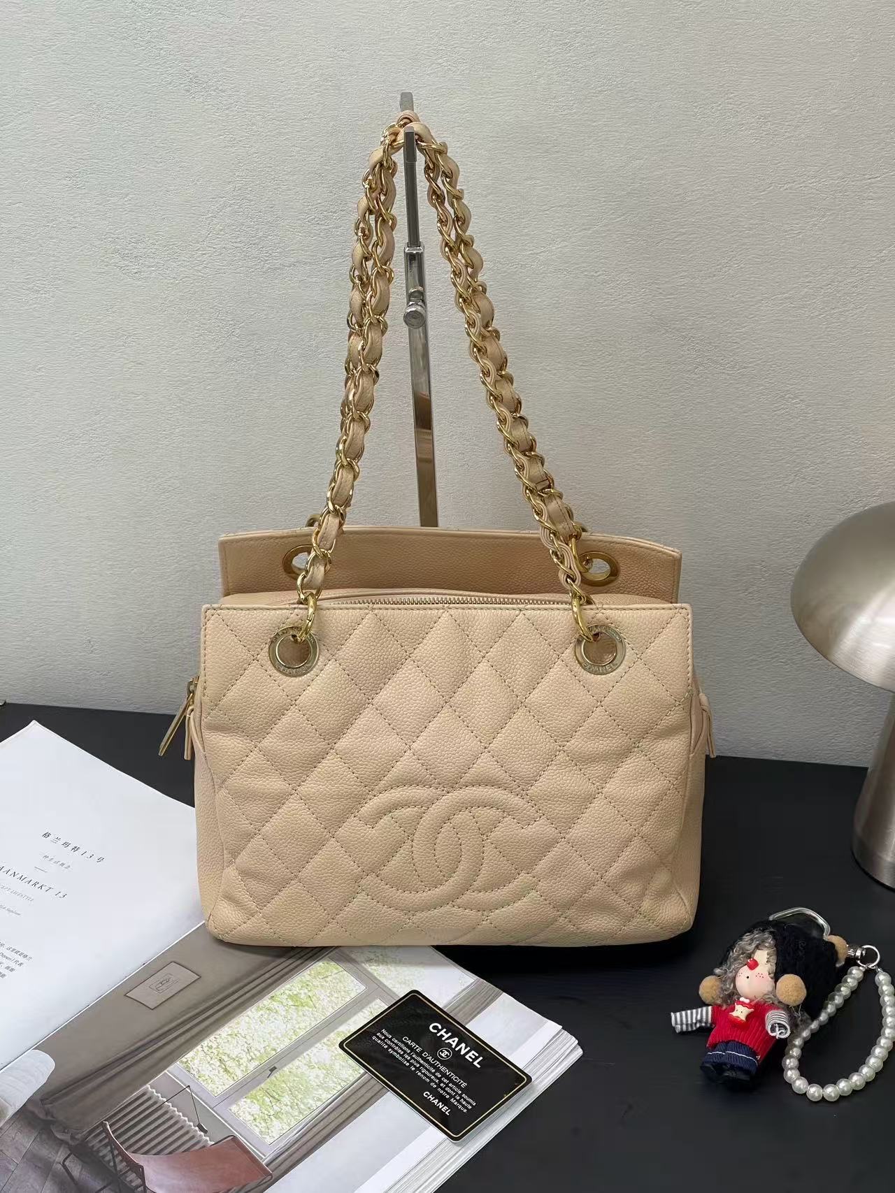 Chanel Beige Gold PTT Caviar Leather Shoulder Bag