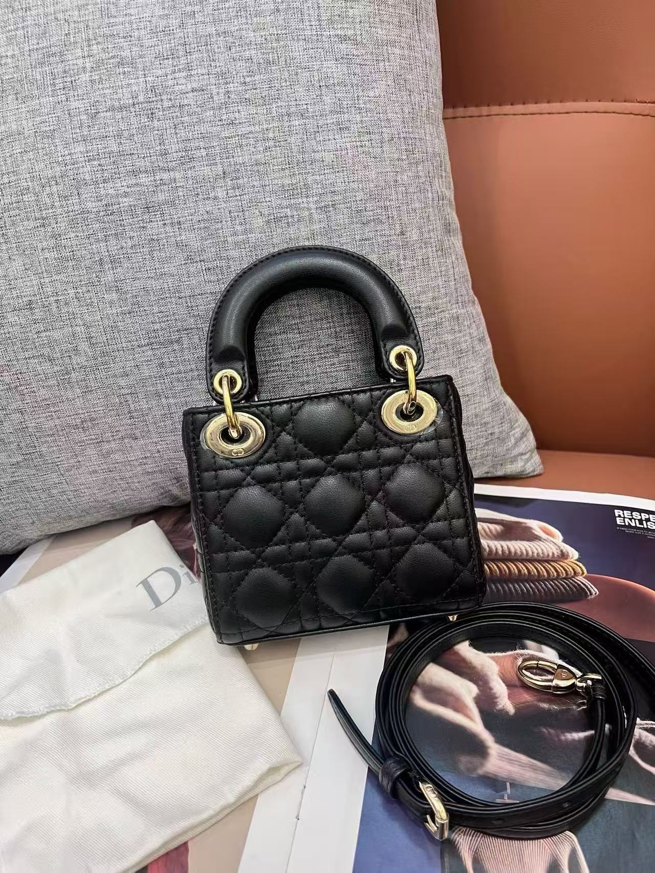 Dior Lady Dior Ultra Mini Three-Compartment Black with Gold Hardware 2022 Size 12.5cm