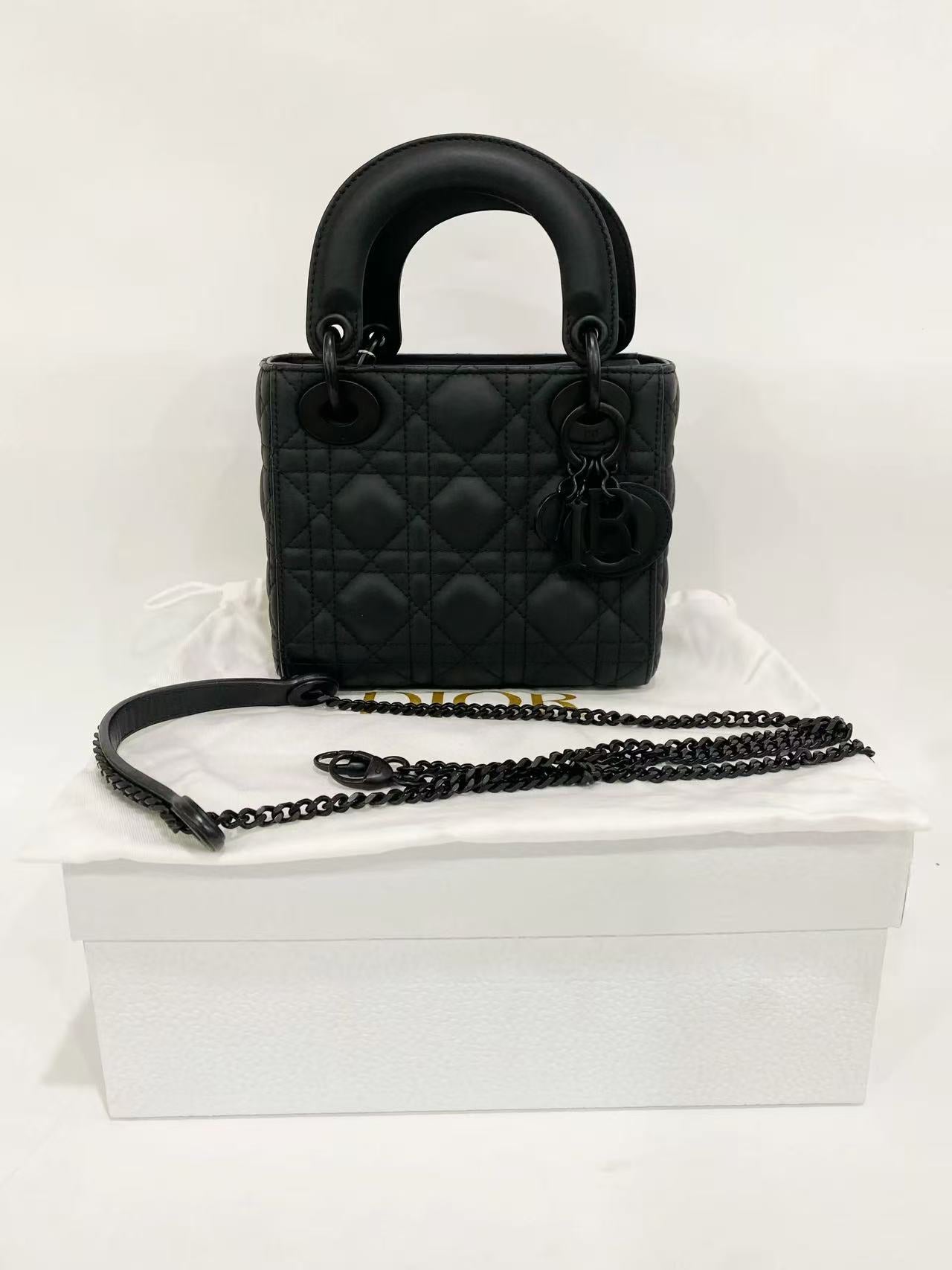 Dior Lady Dior Three-Compartment Matte Black Bag 2020 Full Set with  Dust Bag Size 17×7.5cm Like New