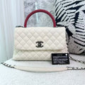 Chanel Coco Handle Medium Nata White Caviar Leather with Aged Silver Hardware & Red Lizard Handle Size 28×16cm 23 Series with Strap & Card