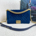 Chanel Le Boy Medium Navy Blue Velvet Bag with Gold Hardware 29 Series