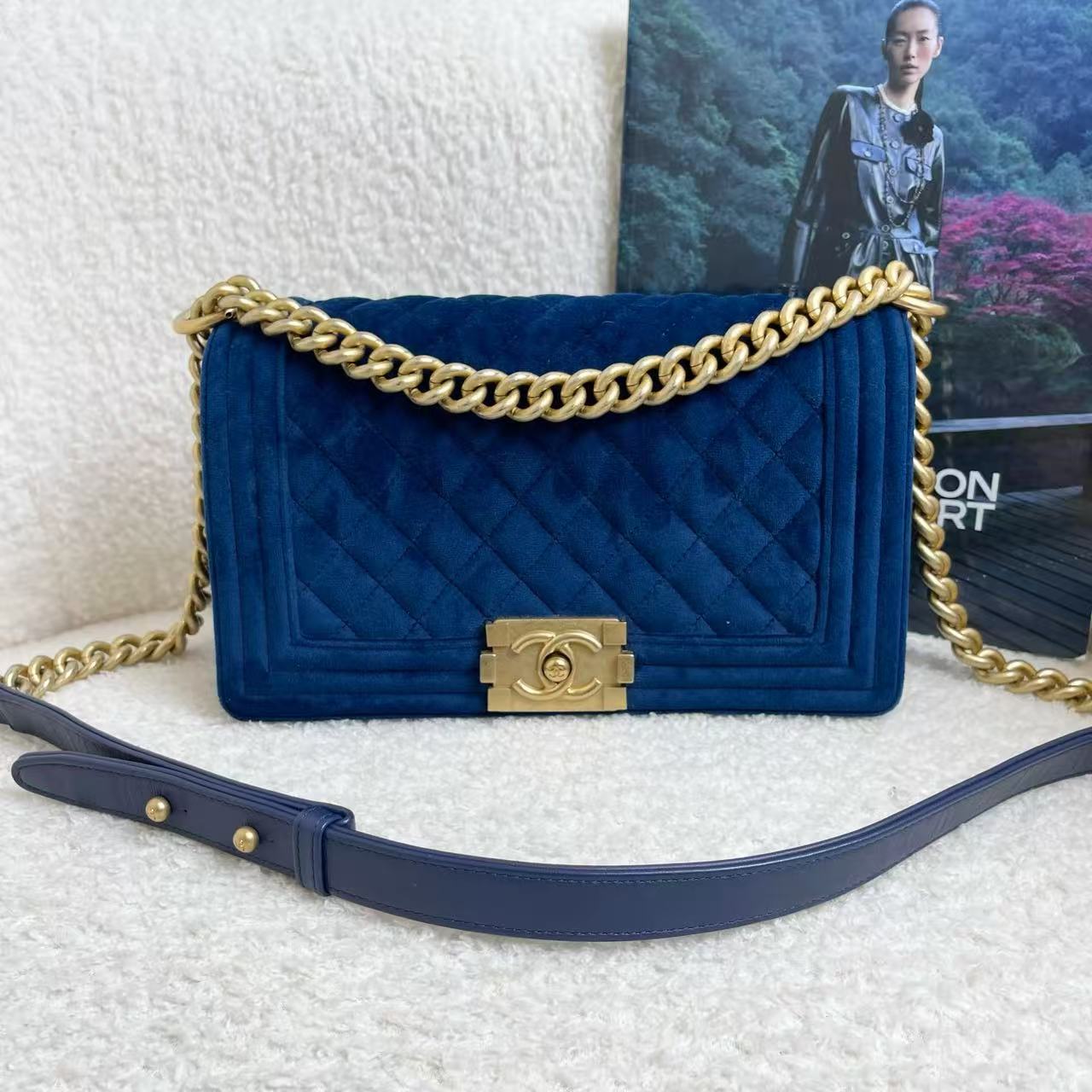 Chanel Le Boy Medium Navy Blue Velvet Bag with Gold Hardware 29 Series