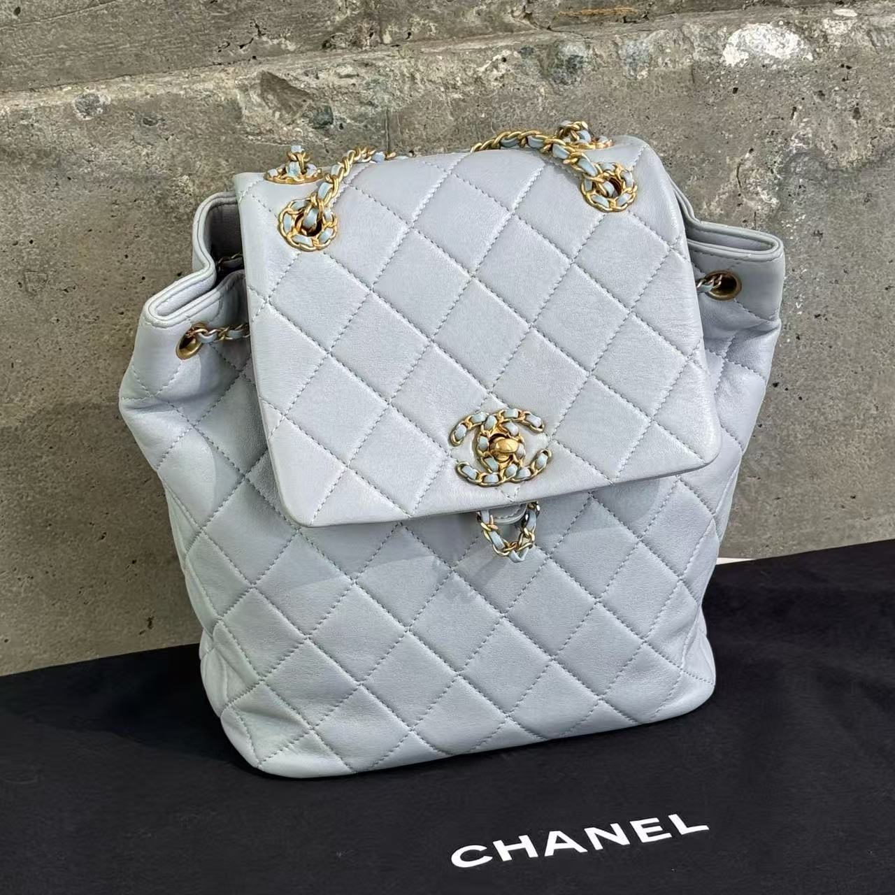 Chanel 24P Salzburg Collection Vintage Trim Backpack Light Grey Lambskin with Gold Hardware Chip Version