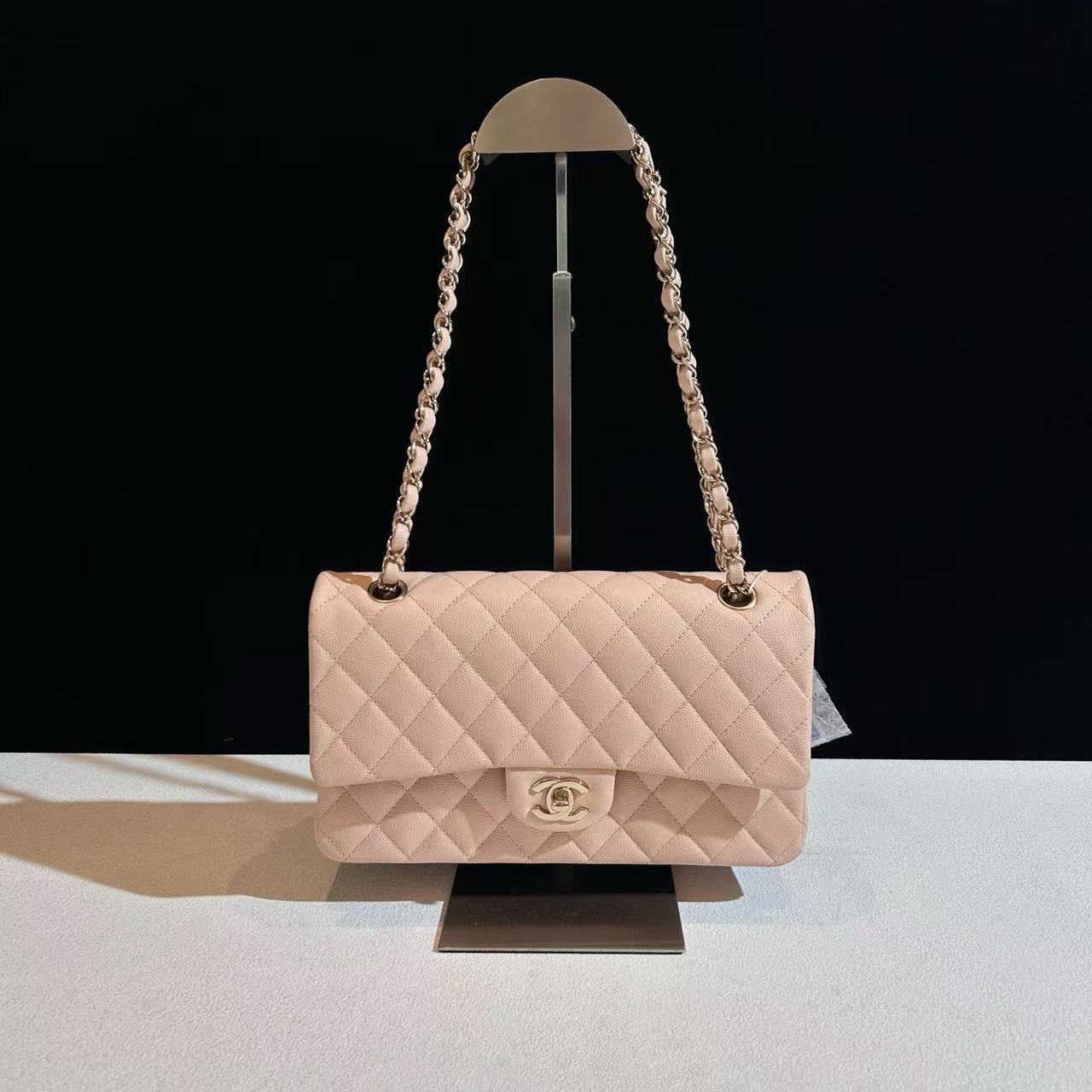 Chanel Classic Flap CF Medium Nude Pink Beige Caviar Leather with Chain Strap Chip Version Size 25cm