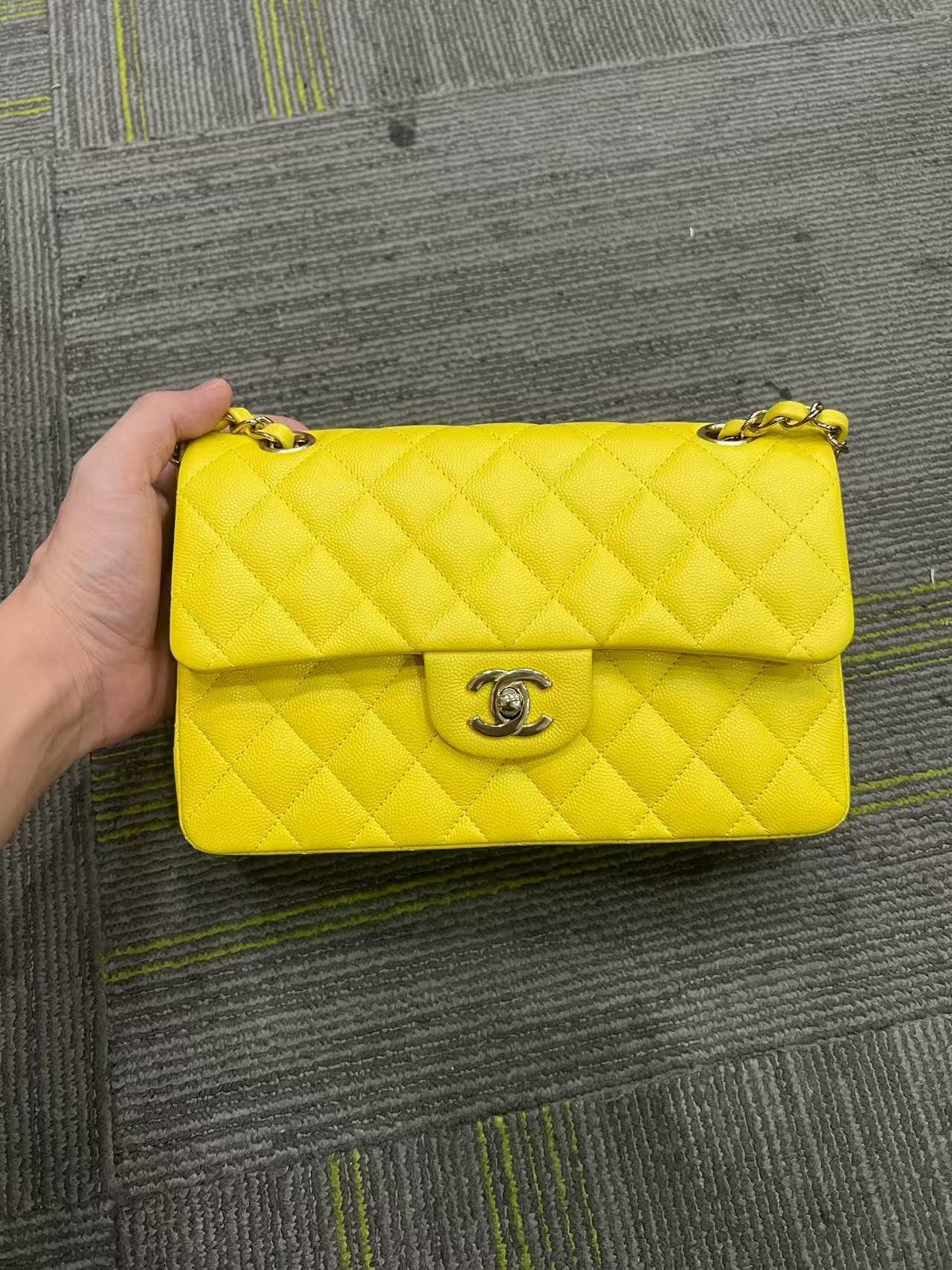 Chanel Classic Flap CF Small Lemon Yellow Caviar Leather Chip Version