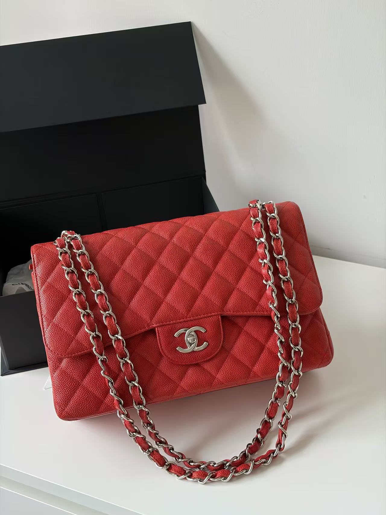 Chanel Classic Flap CF Jumbo Red Caviar Leather with Silver Hardware 15 Series No Card