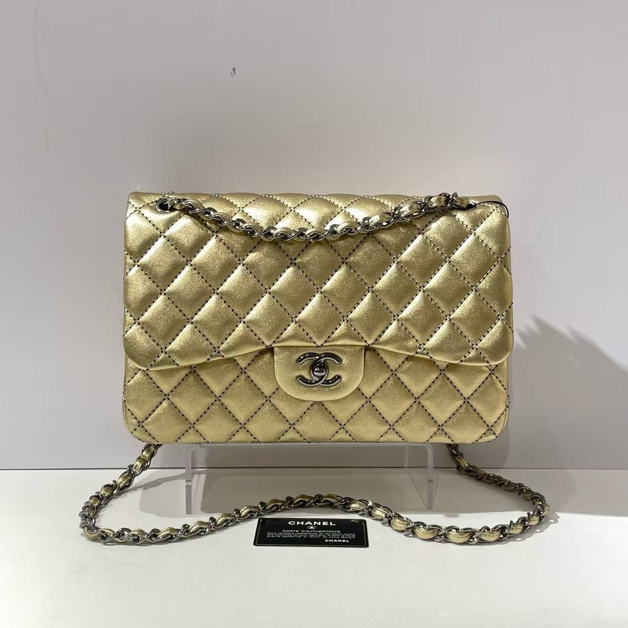 Chanel Classic Flap CF Jumbo Seasonal Limited Edition Black & White Gold Tweed Pattern with Silver Hardware Double Flap 19 Series with Card Size 30×9×20.5cm