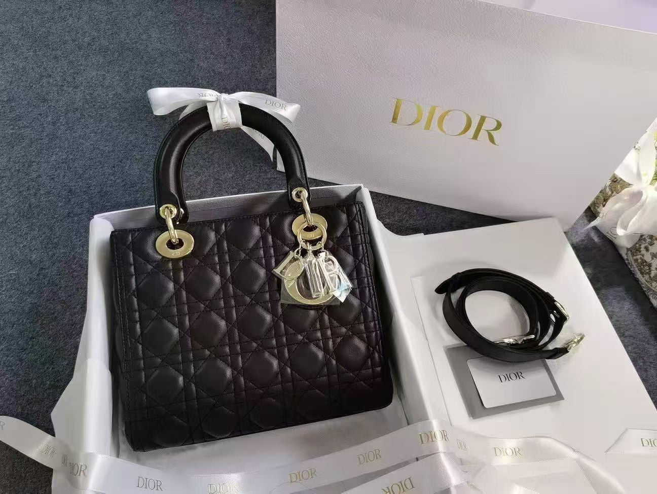 Dior Lady Dior Five-Compartment Black with Gold Hardware New Flap Design Adjustable Strap 22 Series with New Barcode Card