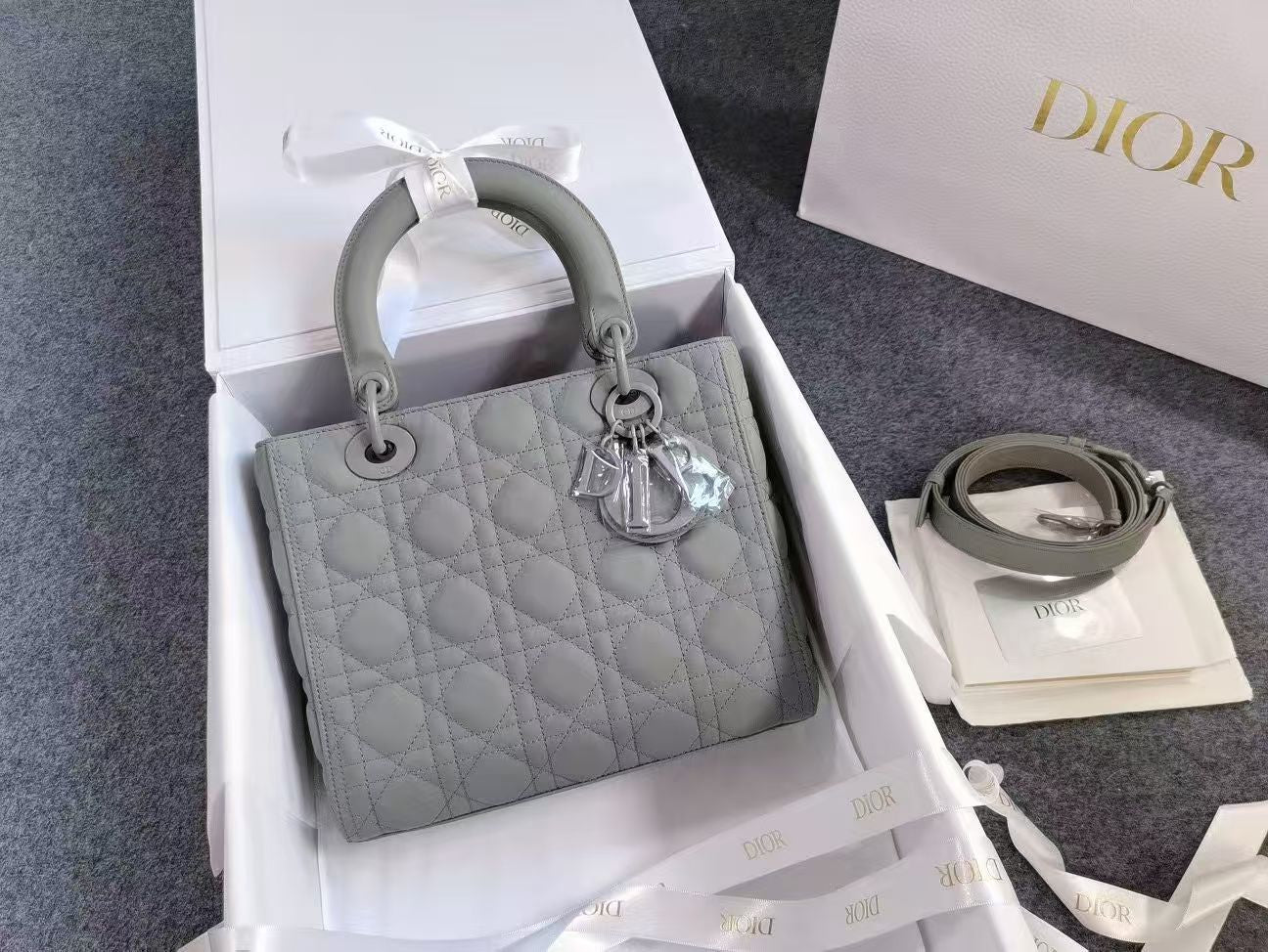Dior Lady Dior Five-Compartment Matte Grey New Flap Design Adjustable Strap with New Barcode Card Full Set