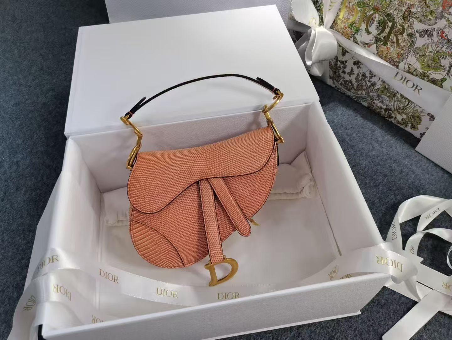 Dior Saddle Bag Dusty Rose Lizard Leather with Dust Bag