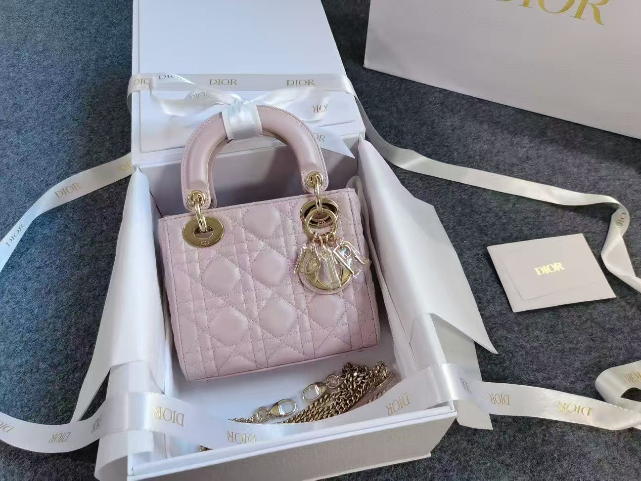 Dior Lady Dior Three-Compartment Pearl Pink with Chain Strap 23 Series with New White Card