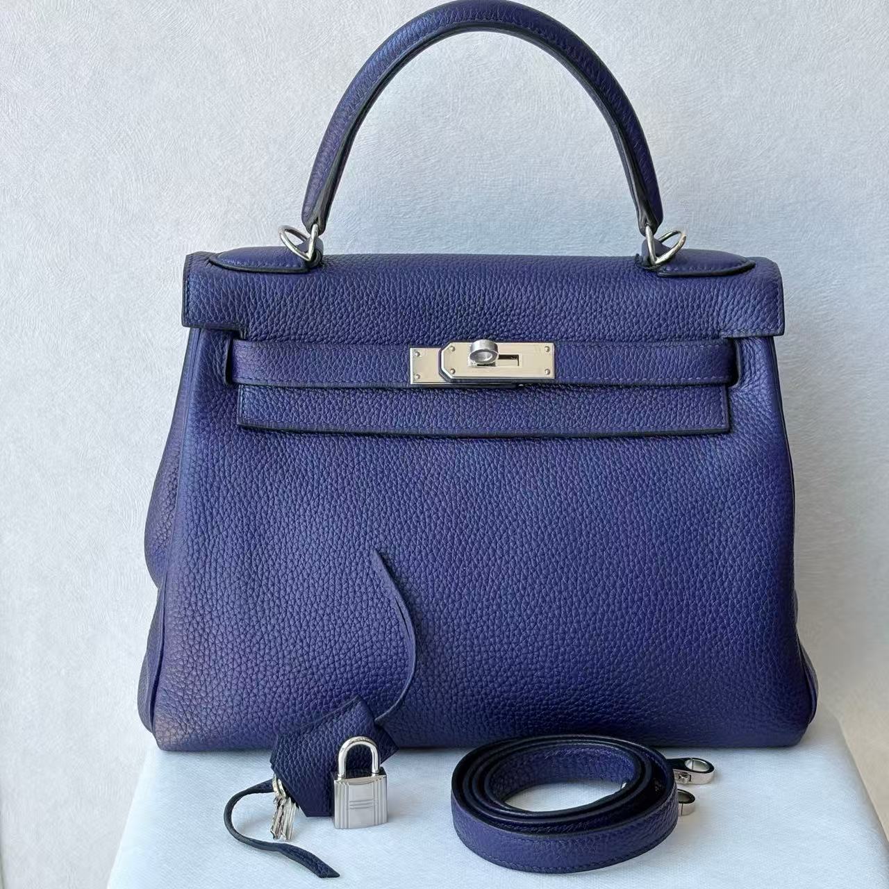 Hermès Kelly 28 Midnight Blue Togo Leather with Palladium Hardware C Stamp Full Set with Protective Film