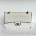 Chanel Classic Flap CF Medium White Canvas Trim Chain Bag Size 25cm No Card