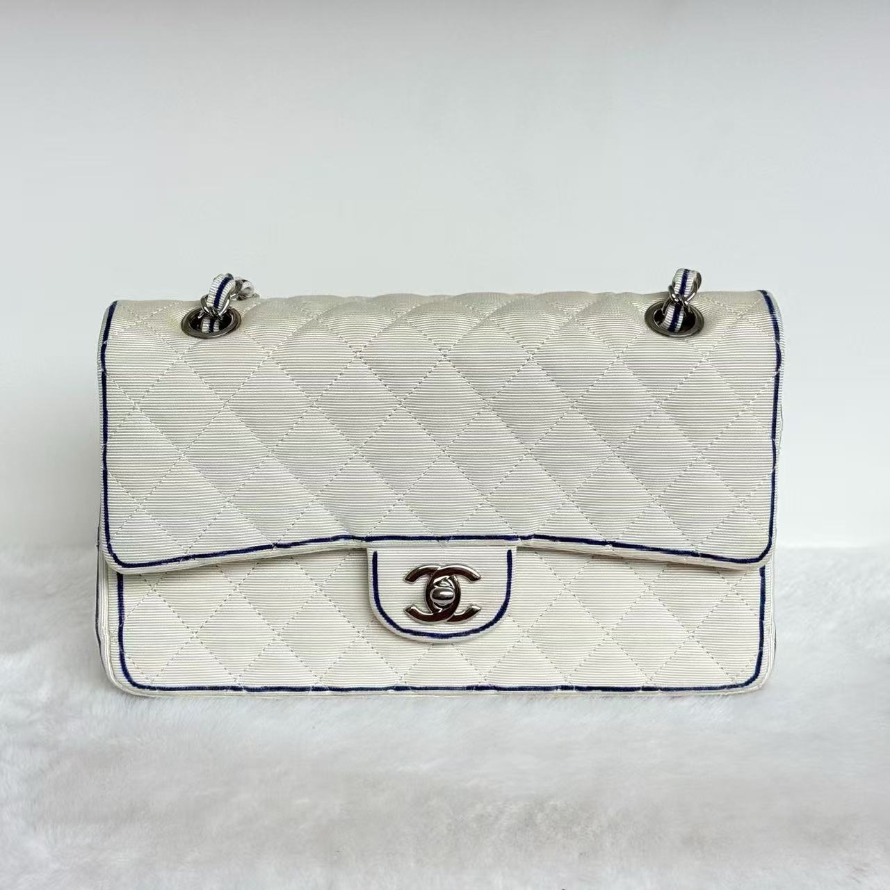 Chanel Classic Flap CF Medium White Canvas Trim Chain Bag Size 25cm No Card