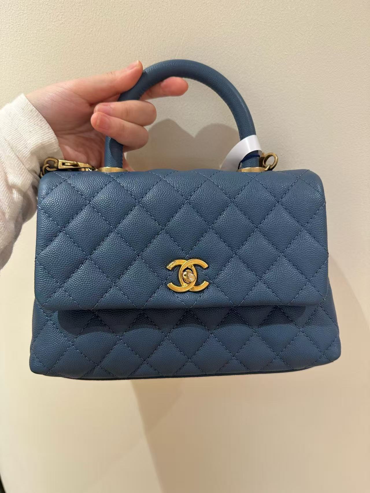 Chanel Coco Handle Small Blue Caviar Leather with Gold Hardware 25 Series Size 24cm with Card