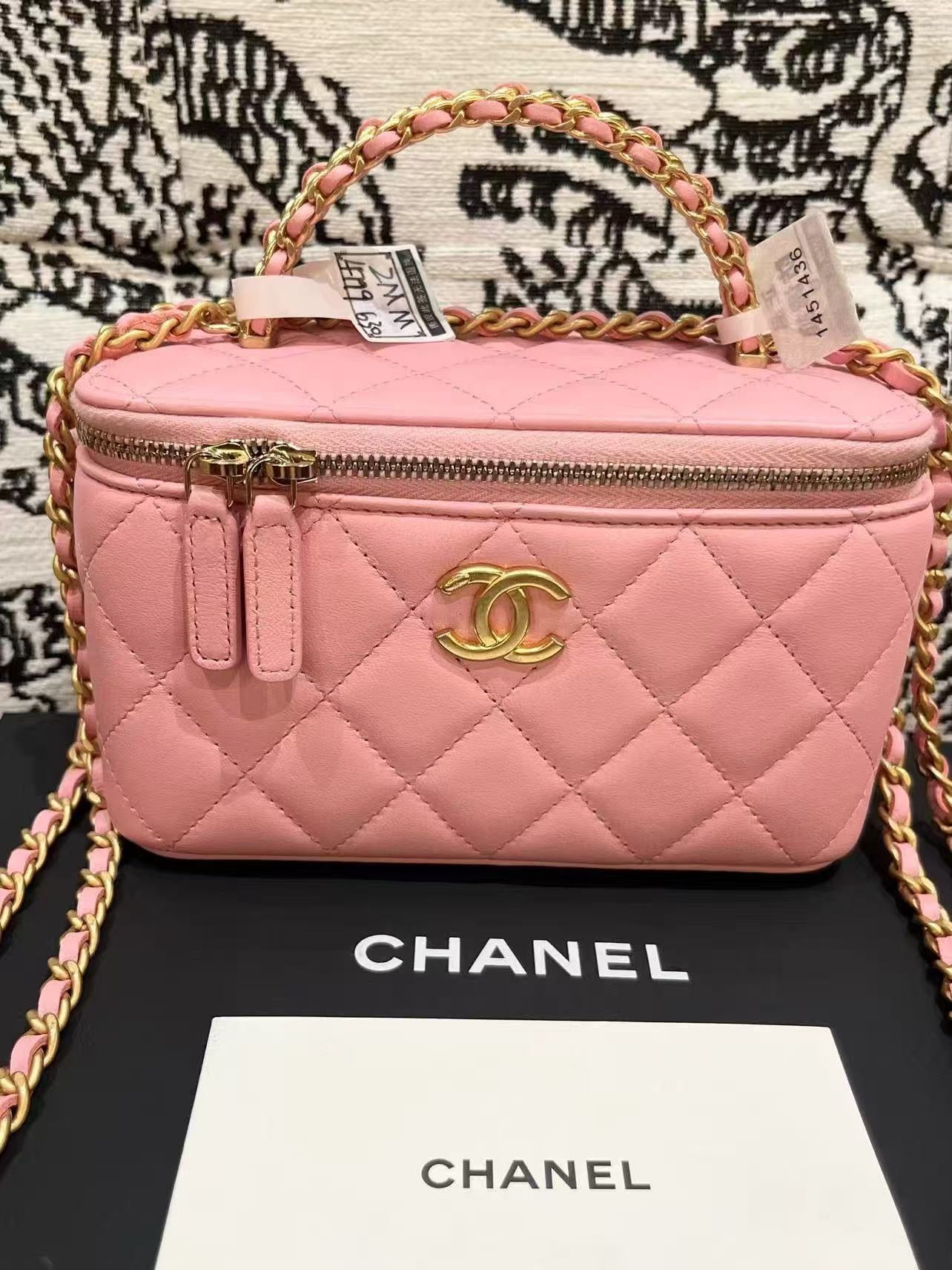 Chanel Pink Woven Handle Vanity Case